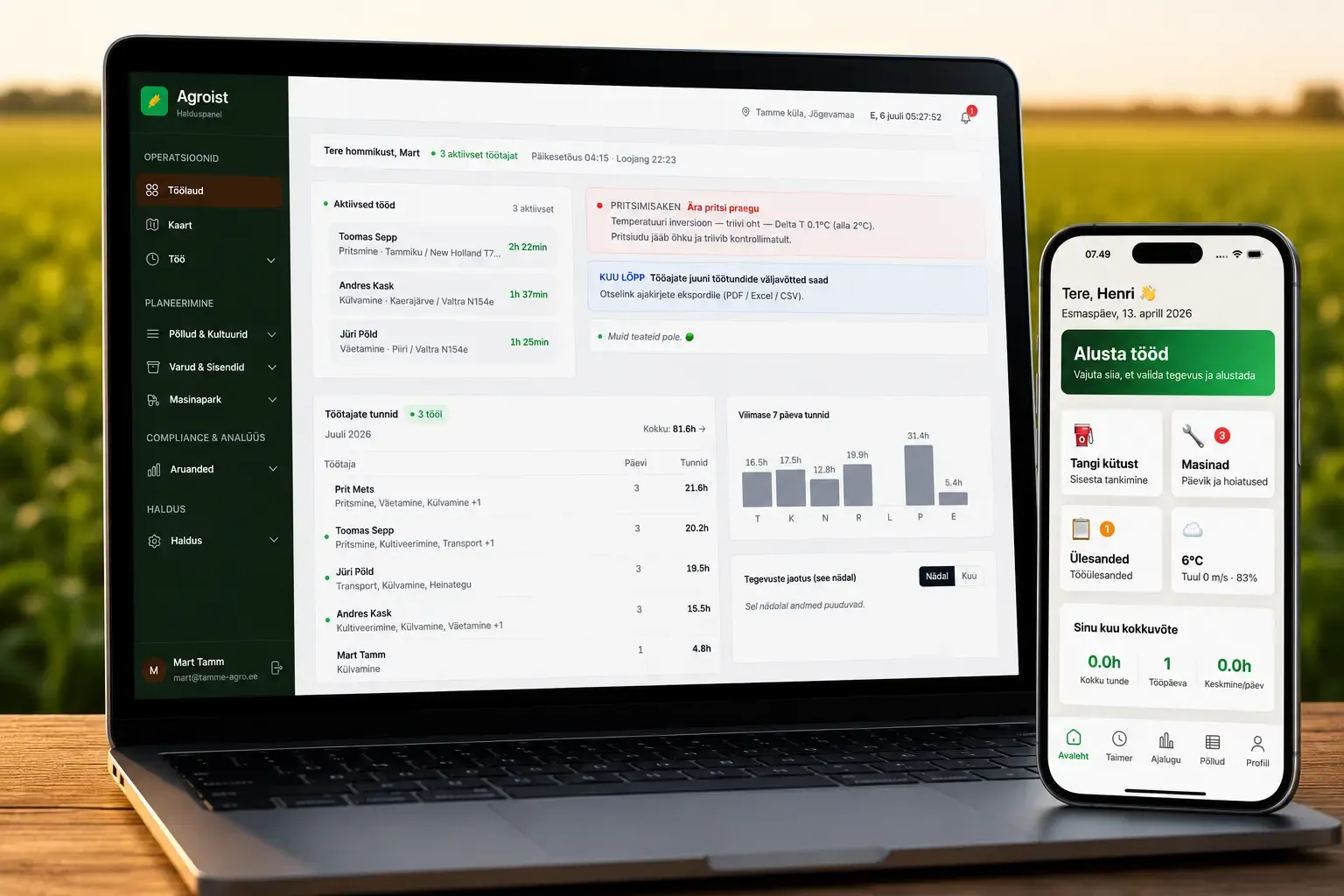 Agroist farm management: the dashboard on a laptop and the mobile app on a phone, in a field