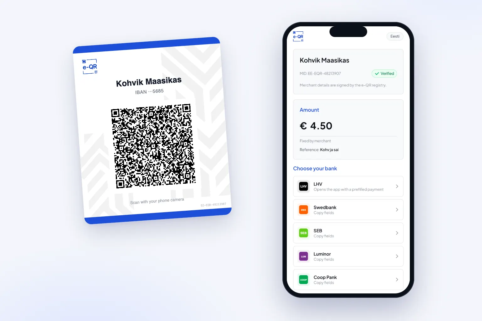 e-QR: a printed payment sticker and a phone showing the eqr.ee payment page with the merchant name, amount and a verified badge